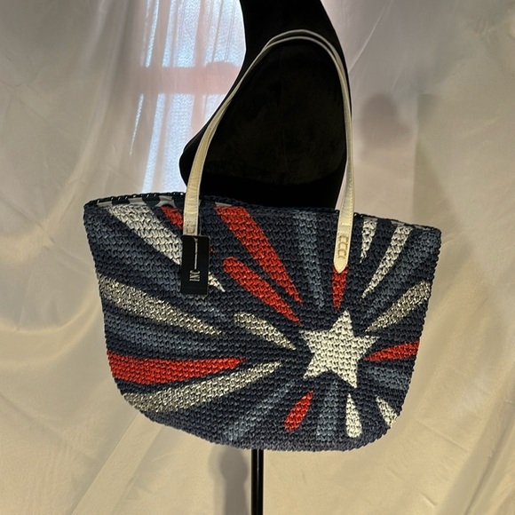 INC Red, White, Navy and Silver Straw Casual bag NWT - Picture 1 of 6